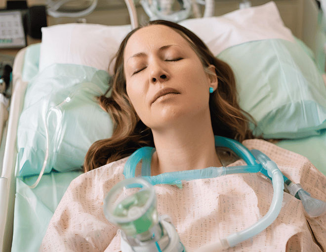 A cancer survivor, hair thin and eyes closed, breathes in nebulized medicine, hospital gown and medical equipment visible around her.
