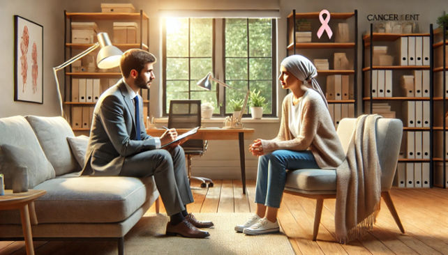 A therapy session between a psychiatrist and a cancer patient.